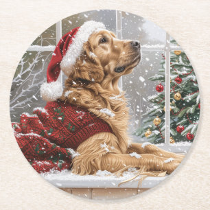 Christmas Golden Retriever Santa Dog Ronde Kartonnen Onderzetter