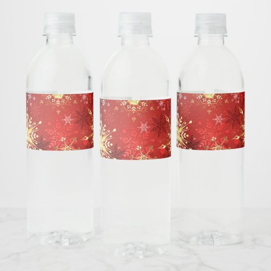 Christmas Golden Snowflakes on Red Background Waterfles Etiket (Flessen)