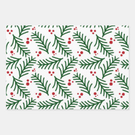 Christmas Green Berries Modern Wrapping Paper