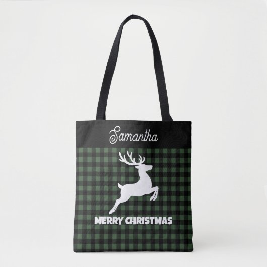 Christmas Green & Black Plaid Reindeer Custom Name Draagtas (Voorkant)