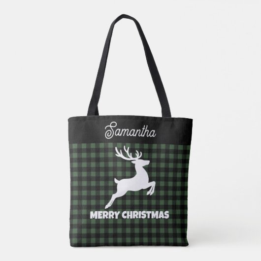 Christmas Green & Black Plaid Reindeer Custom Name Draagtas (Achterkant)