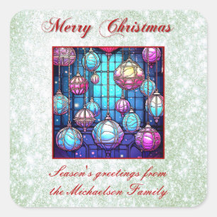 Christmas Green Glitter Glas in lood Bauble Vierkante Sticker