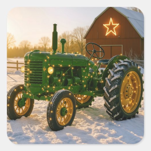 Christmas Green Tractor With Glowing Lights Vierkante Sticker (Voorkant)