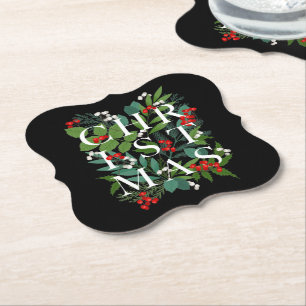 CHRISTMAS Greenery Berries Holiday Black Kartonnen Onderzetters