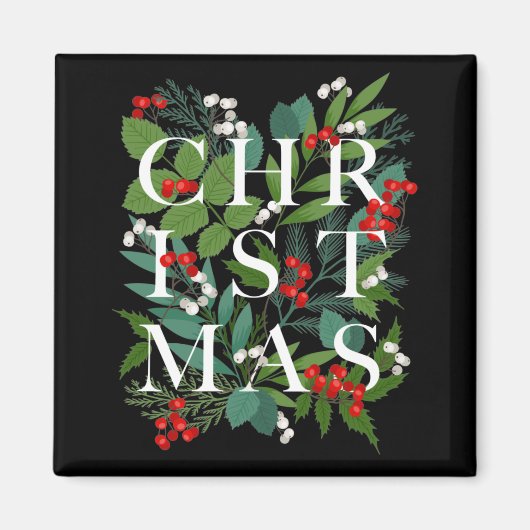 CHRISTMAS Greenery Berries Holiday Black Magneet (Voorkant)