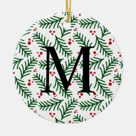 Christmas Greenery Berries INITIAL Modern Holiday Keramisch Ornament