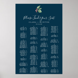 Christmas Greenery Navy Alphabetical Seating Chart Poster
