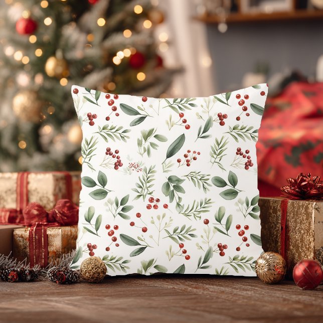Christmas Greenery & Red Berries Watercolor Kussen (Christmas Greenery & Red Berries Watercolor Throw Pillow)