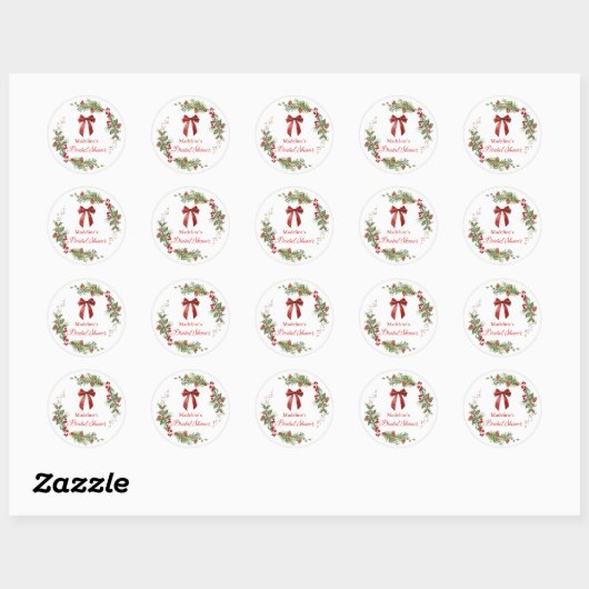 Christmas Greenery Red Bow Bridal Shower Ronde Sticker (Vel)