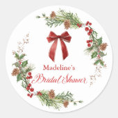 Christmas Greenery Red Bow Bridal Shower Ronde Sticker (Voorkant)