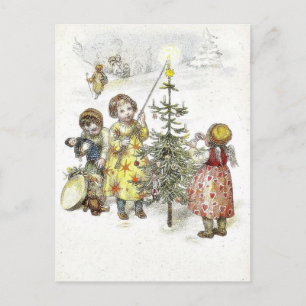 Christmas greeting with a girl lets fire on a cand feestdagenkaart