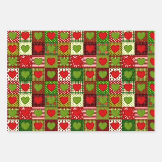 Christmas Hearts Patchwork Quilt Wrapping Sheets Inpakpapier Vel (Voorkant)