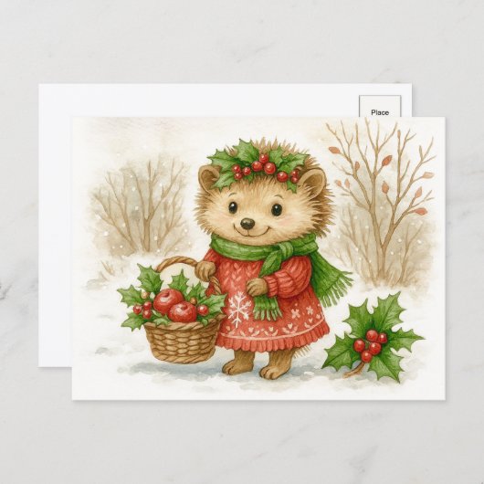 Christmas Hedgehog Watercolor Postcard Feestdagenkaart (Voorkant / Achterkant)
