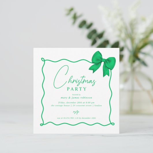 Christmas Holiday Party Whimsical Green Bow Kaart (Staand voorkant)