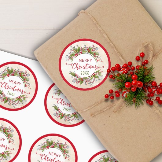 Christmas Holly Branch Classic Ronde Sticker