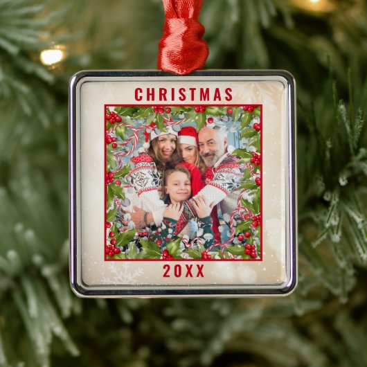 Christmas Holly Branch Foto Pewter Ornament (Boom)