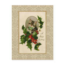 Christmas Holly Cat  Reproduction Briefkaart