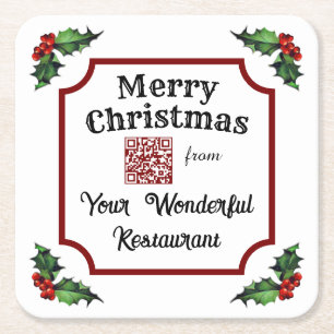 Christmas Holly Custom QR Code Restaurant Vierkante Kartonnen Onderzetter