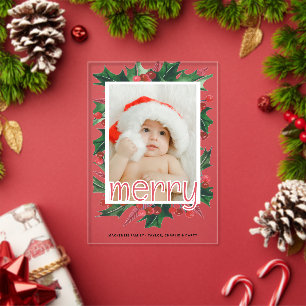 Christmas Holly Foto Gepersonaliseerde Kaart Acryl Uitnodigingen