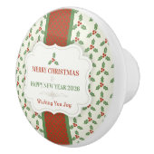 Christmas Holly Pattern Green Holly Red Berries Keramische Knop (Rechts)