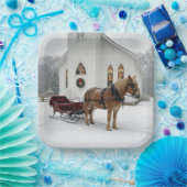 Christmas Horse-Drawn Sleigh Waiting By a Chapel Papieren Bordje (Feest)