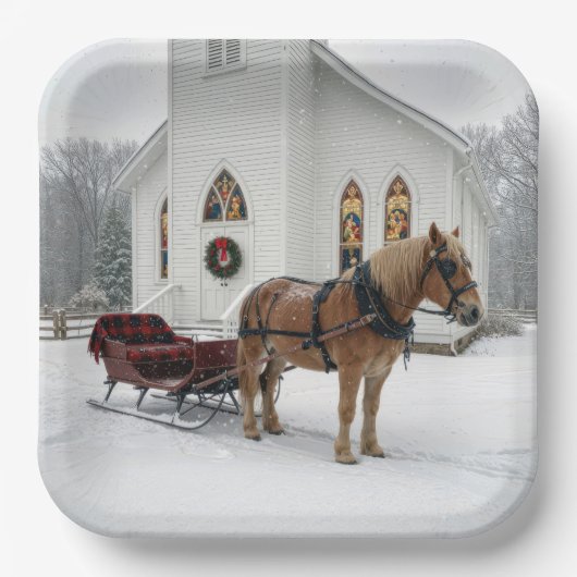Christmas Horse-Drawn Sleigh Waiting By a Chapel Papieren Bordje (Voorkant)