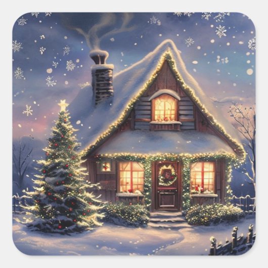 Christmas House in the Snow Winter Holiday Sticker (Devant)