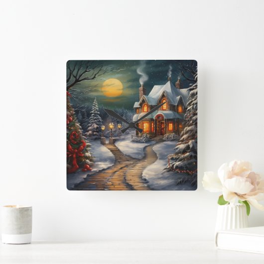 Christmas House wandklok Vierkante Klok (Huis)