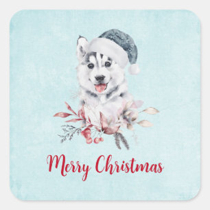 Christmas Husky Dog in a Santa Hat Vierkante Sticker