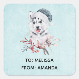 Christmas Husky Dog in a Santa Hat Vierkante Sticker