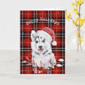 Christmas Husky Sur Carte Tartan Plaid (Fleur jaune)