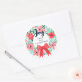 Christmas Joy Bow Wreath Blue Holiday Ronde Sticker (Envelop)