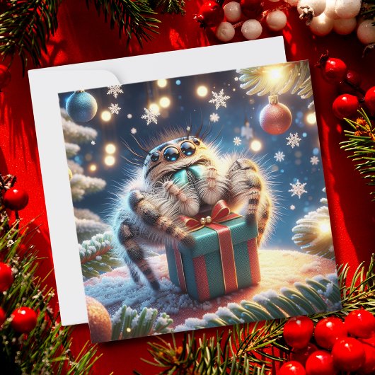 Christmas Jumping Spider Holding Gift Feestdagenkaart