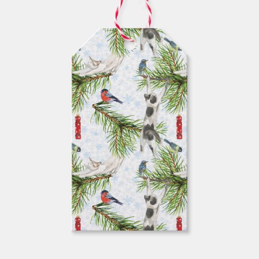 Christmas Kitten with Birds Cadeaulabel (Voorkant)