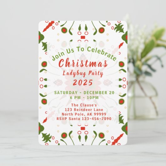Christmas Ladybug Party Red White Green Kaart (Staand voorkant)