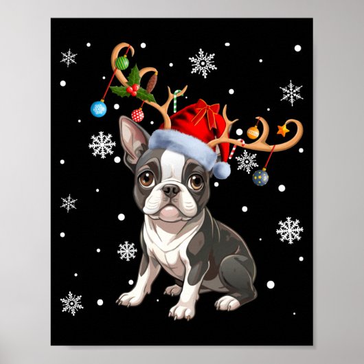 Christmas Light Reindeer Santa Hat Boston Terrier Poster (Voorkant)
