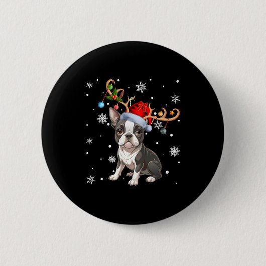 Christmas Light Reindeer Santa Hat Boston Terrier  Ronde Button 5,7 Cm (Voorkant)