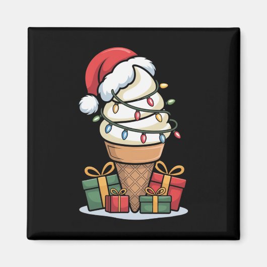 Christmas Lights Ice Cream Cone With Santa Hat Des Magneet (Voorkant)