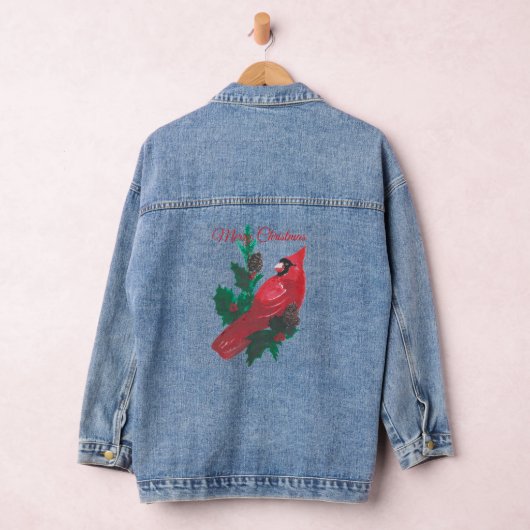 Christmas Long Sleeve Red Cardinal Holly Denim Denim Jacket (Hangar)