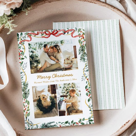 Christmas Lush Winter Greenery & Red Bow 3 Photo Feestdagenkaart
