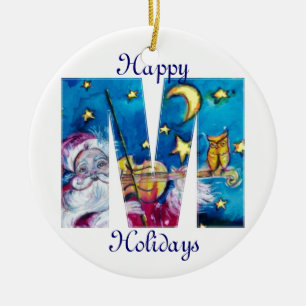 CHRISTMAS M LETTER/INSPIRED SANTA MONOGRAM KERAMISCH ORNAMENT