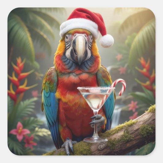 Christmas Macaw Parrot With Martini Cocktail Vierkante Sticker (Voorkant)
