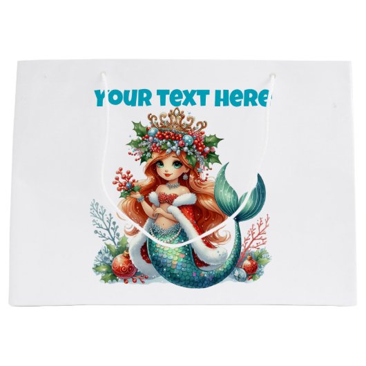 Christmas Mermaid Gift Bag – Bewerkbare tekst Groot Cadeauzakje (Voorkant)