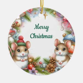Christmas Mice and Mushrooms Whimsical  Keramisch Ornament