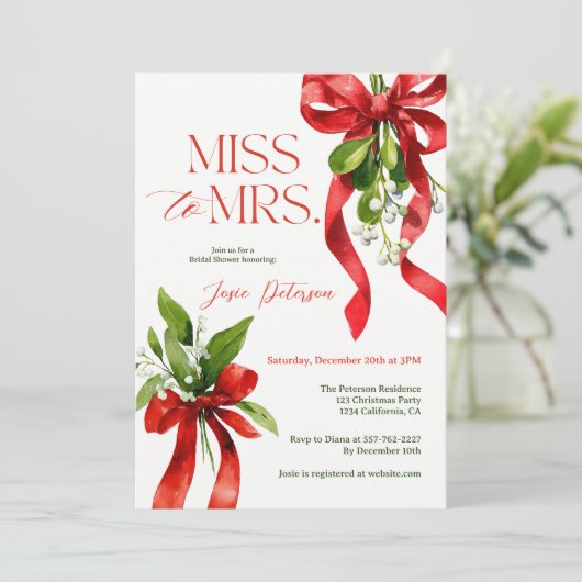 Christmas Mistletoe Red Bow Miss to Mrs Bridal Kaart (Staand voorkant)