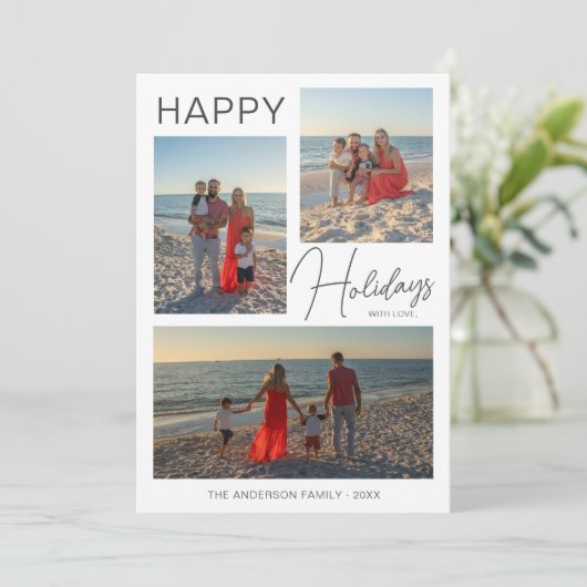 Christmas Modern Script 3 Foto's Vakantie Kaart (Staand voorkant)