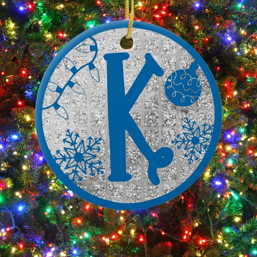 Christmas Monogram Letter K Blue Silver Glitter Keramisch Ornament