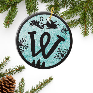 Christmas Monogram Letter W Black Blue Glitter Keramisch Ornament