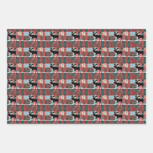 Christmas Moose Patchwork Plaid Inpakpapier Vel (Voorkant 2)