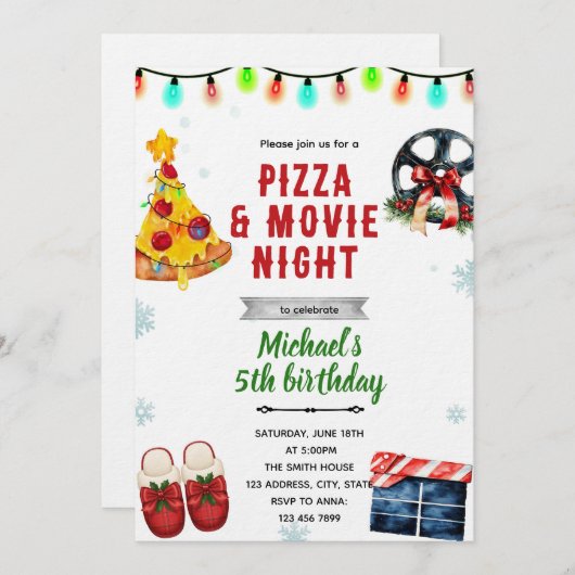 Christmas Movie Pizza and Pajama Party Invitation (Devant / Derrière)